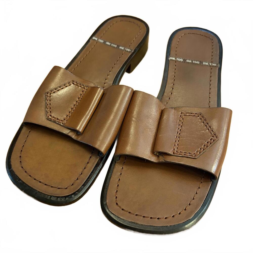Me Too Brown Leather Slide Sandals 6.5 Slight Heel Summer Resortwear Vacation